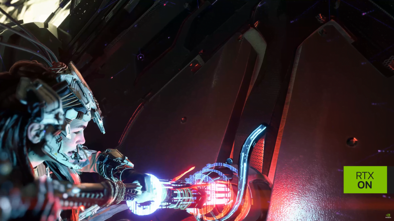 Postać futurystycznego wojownika z zaawansowaną technologicznie zbroją, trzymająca broń energetyczną, z logo „RTX ON” w prawym dolnym rogu.