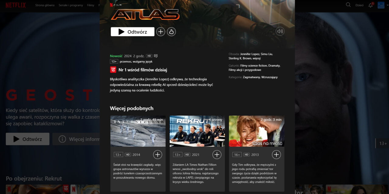 Interfejs Netflixa z informacjami o filmie "Atlas" oraz rekomendacjami podobnych tytułów.
