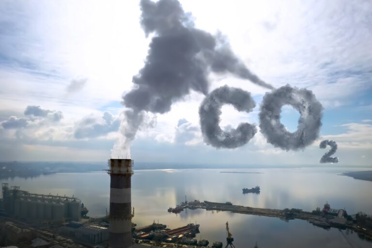 Komin emitujący dym z napisem "CO2" z chmur.