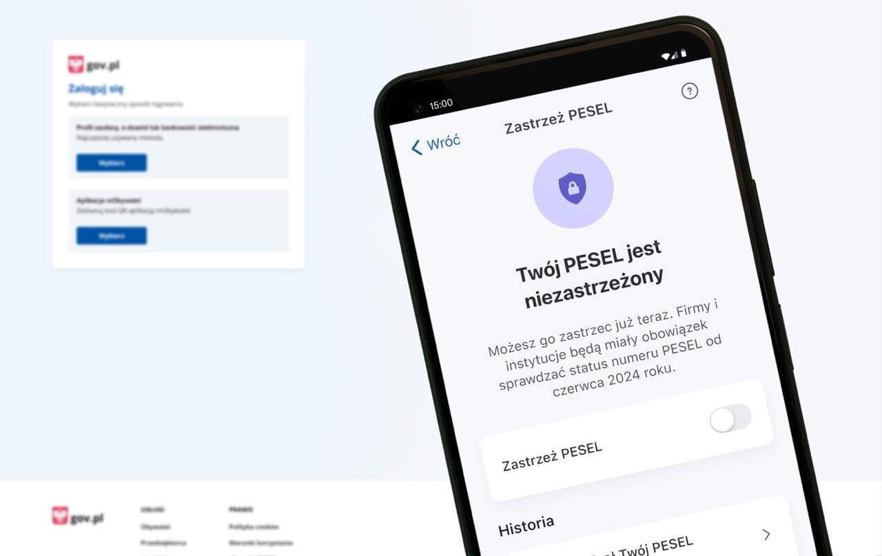 Zastrzeżenie numeru pesel. Ekran logowania na stronie gov.pl oraz ekran aplikacji z informacją o statusie PESEL na smartfonie.