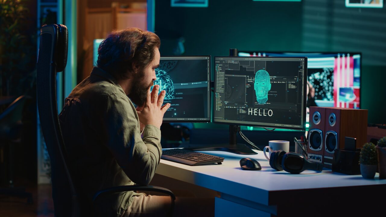 Umiejętności związane z AI w CV Mężczyzna pracuje przy komputerze z dwoma monitorami, na których widać interfejsy oprogramowania i grafikę 3D przedstawiającą twarz.