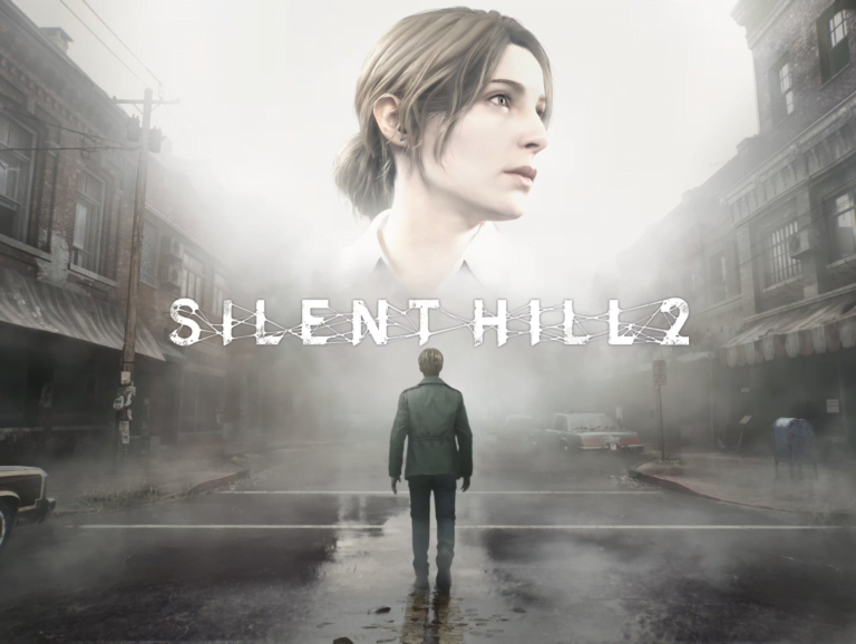 Okładka gry Silent Hill 2 z mężczyzną stojącym na zaśnieżonej ulicy oraz postacią kobiety w tle.
