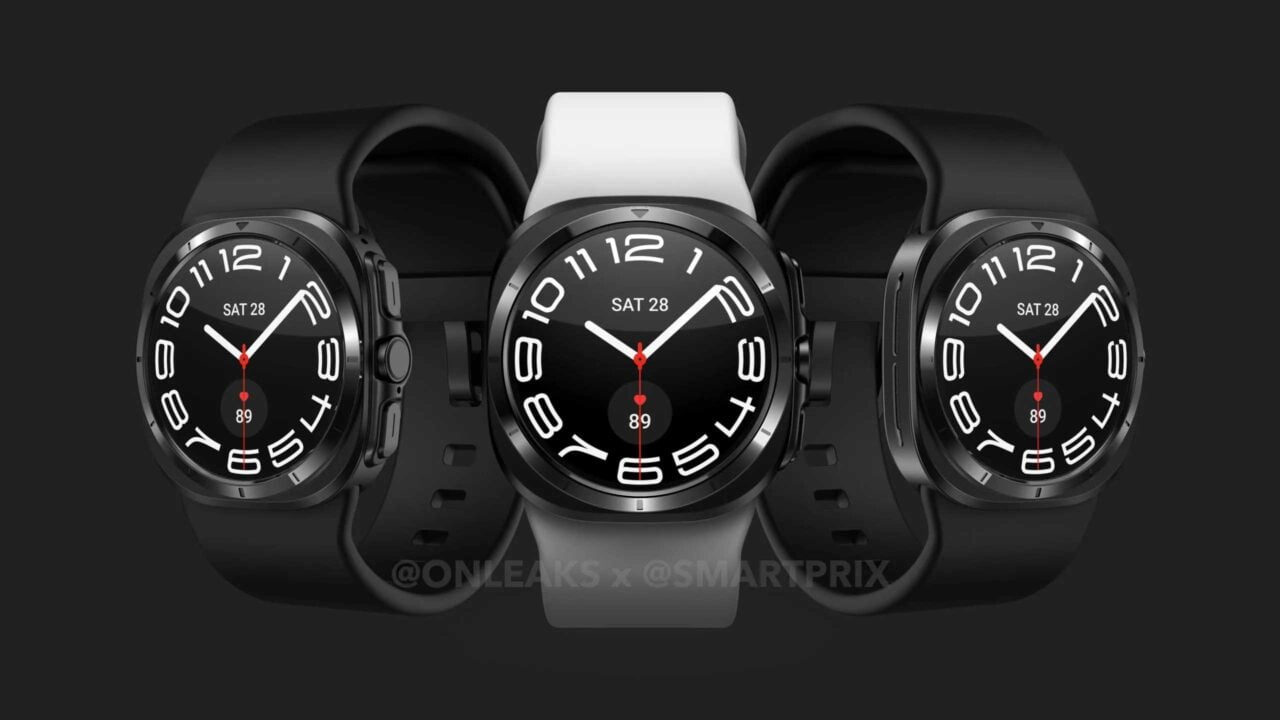 Render Samsung Galaxy Watch7 Ultra. Trzy okrągłe smartwatche na czarnym tle, każdy z białą tarczą zegarka cyfrowego i czarnym paskiem (środkowy z białym paskiem).