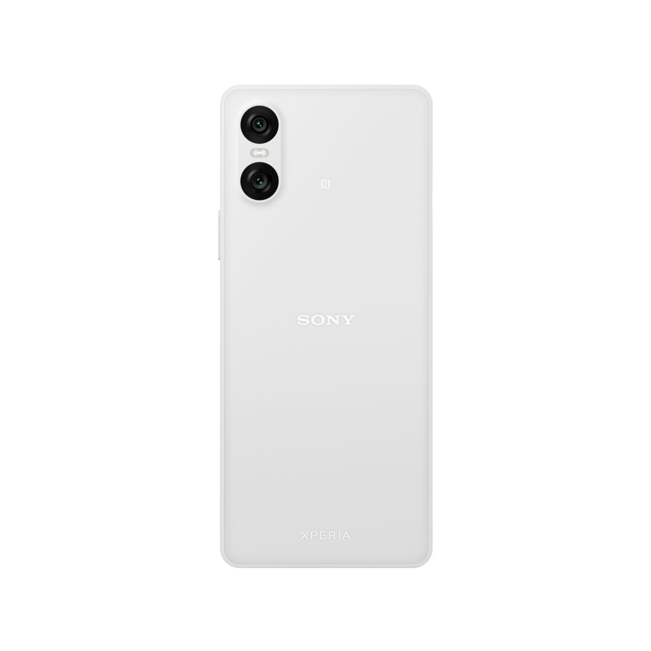Tył białego smartfona Sony Xperia z podwójnym aparatem.