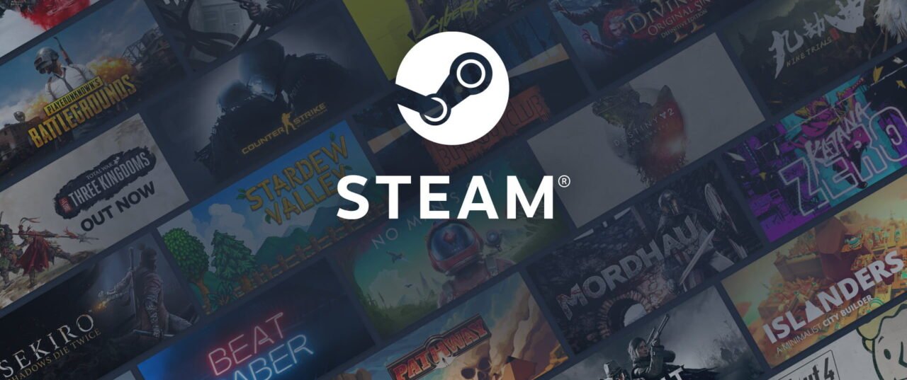 Kolaż miniatur gier komputerowych z logotypem Steam na środku.