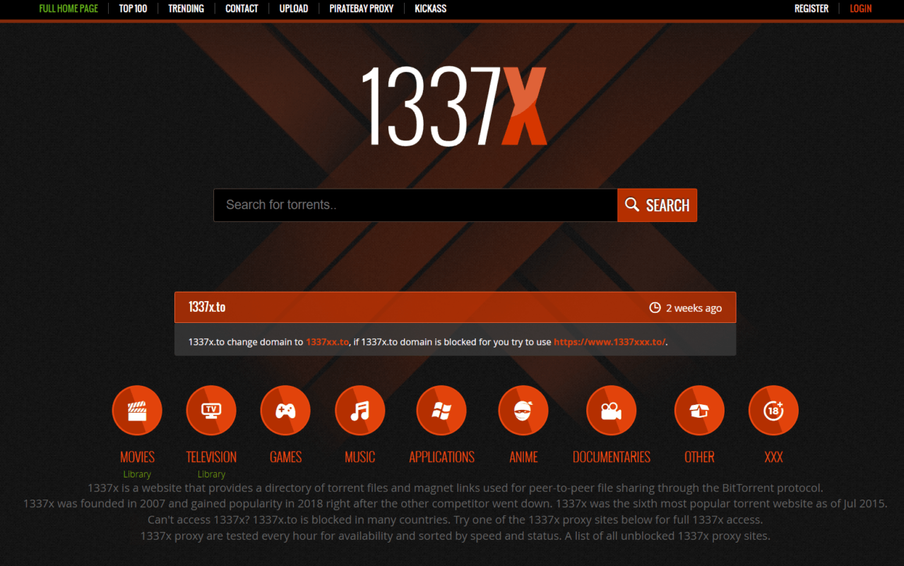 Strona główna 1337x z wyszukiwarką torrentów i kategoriami: filmy, telewizja, gry, muzyka, aplikacje, anime, dokumenty, inne, XXX.