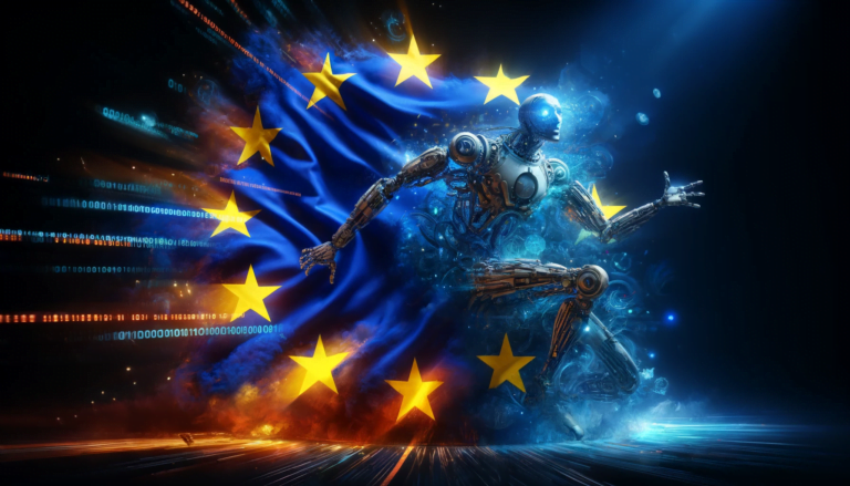 Robot na tle flagi Unii Europejskiej z kodem binarnym w tle. AI Act wprowadzone