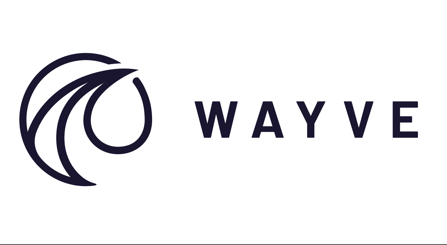 Logo firmy "Wayve" z graficznym elementem przypominającym falę w kolorze granatowym.