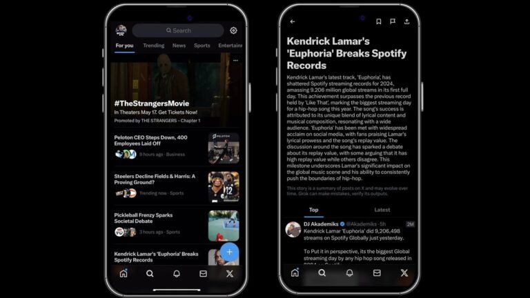 Ekran smartfona z aplikacją do przeglądania wiadomości pokazujący najnowsze artykuły i tweety, w tym informacje o rekordzie Spotify piosenki Kendricka Lamara i inne tematy. To ekran aplikacji X