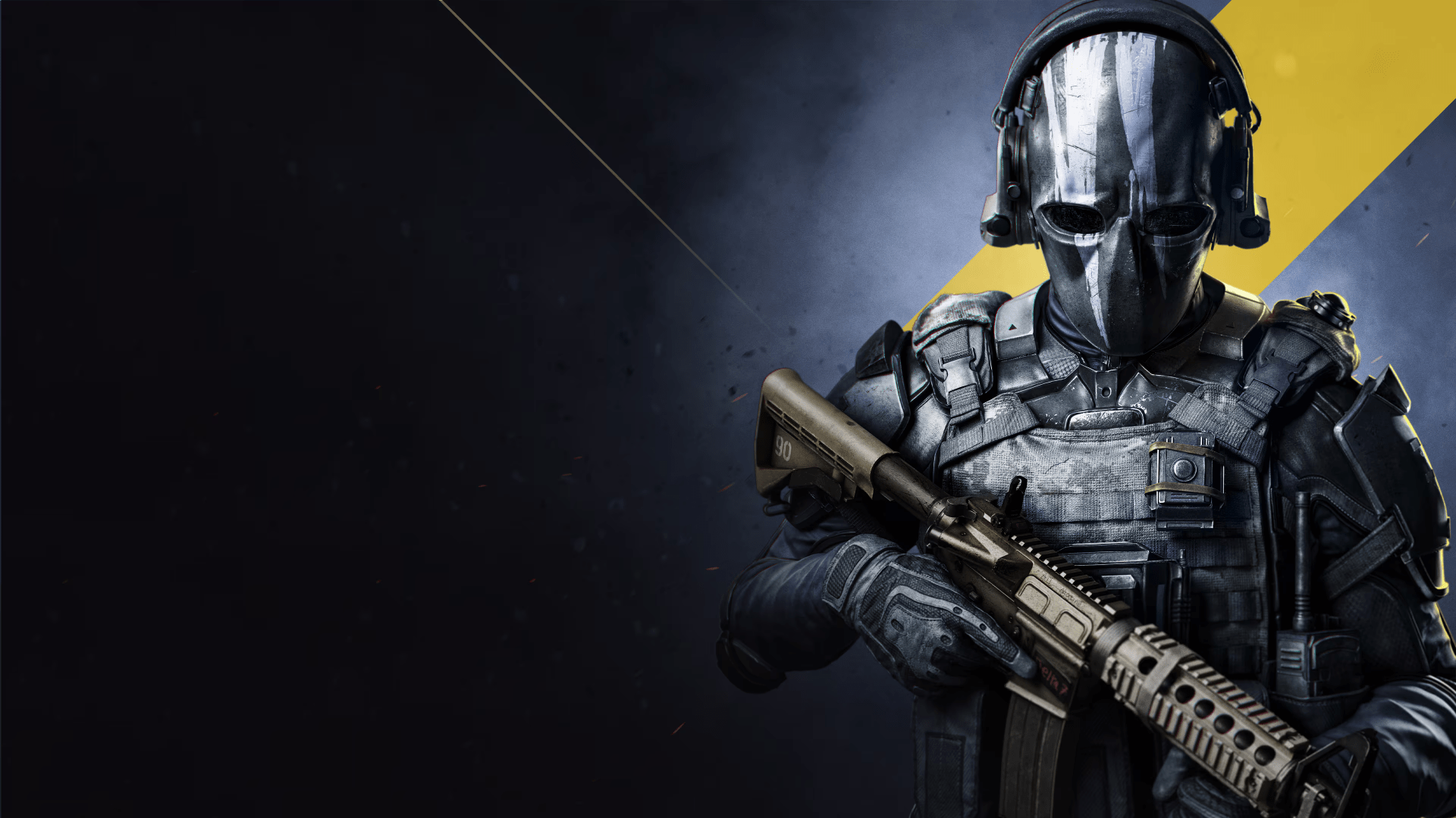 Postać w hełmie i kamizelce taktycznej trzymająca broń palną na ciemnym tle z żółtym paskiem. Grafika promująca grę XDefiant