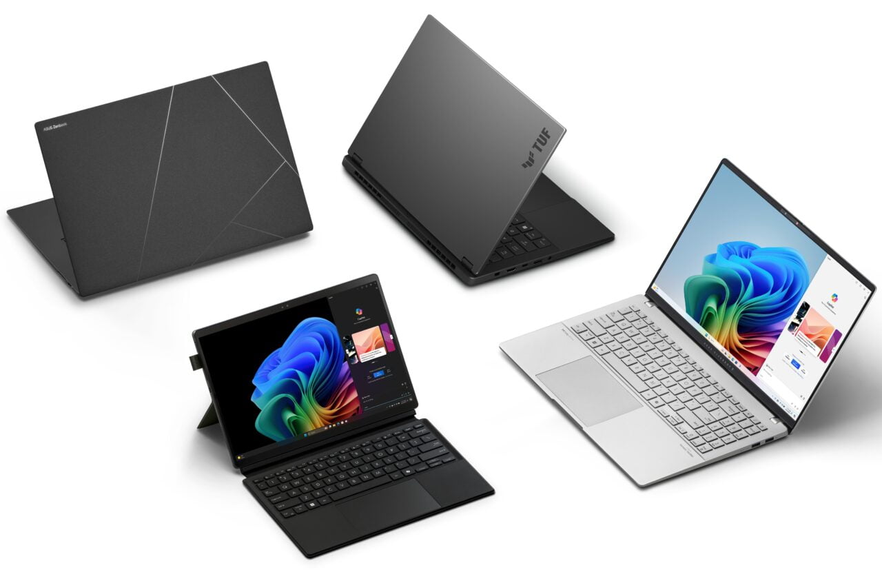 Cztery różne laptopy ASUS w kolorach czarnym i srebrnym, każdy prezentujący ekran z innym widokiem.