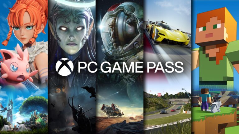Baner promocyjny 3 miesiące PC Game Pass za darmo z postaciami z różnych gier, logo Xbox pośrodku.