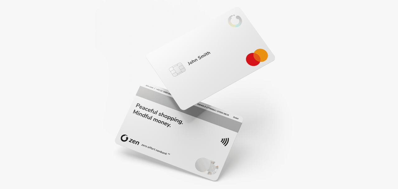 Dwa białe karty płatnicze ZEN, jedna z napisem "John Smith" i logo Mastercard, druga z napisem "Peaceful shopping. Mindful money." oraz logo zen.