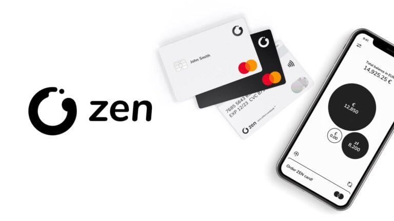 Logo Zen, karty płatnicze MasterCard i ekran aplikacji mobilnej z saldem w euro, funtach i złotych.