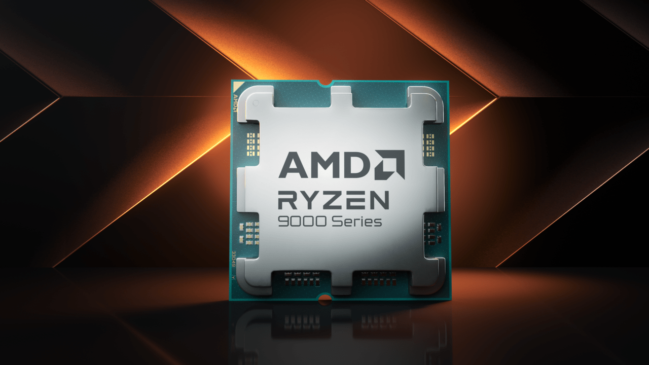 Procesor AMD Ryzen 9000 Series na tle geometrycznym.