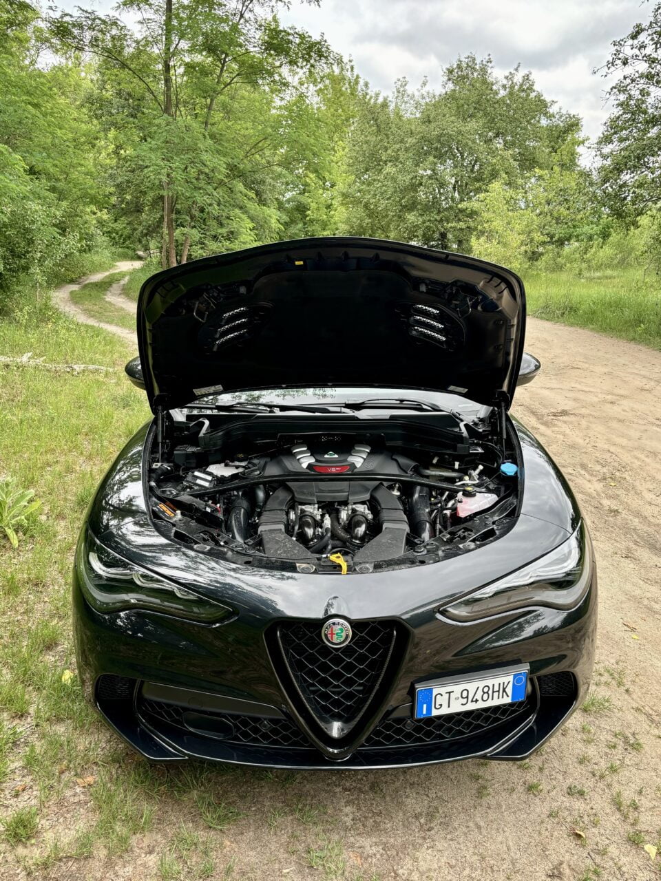 Czarny samochód marki Alfa Romeo z otwartą maską, stojący na polnej drodze otoczonej zielenią.