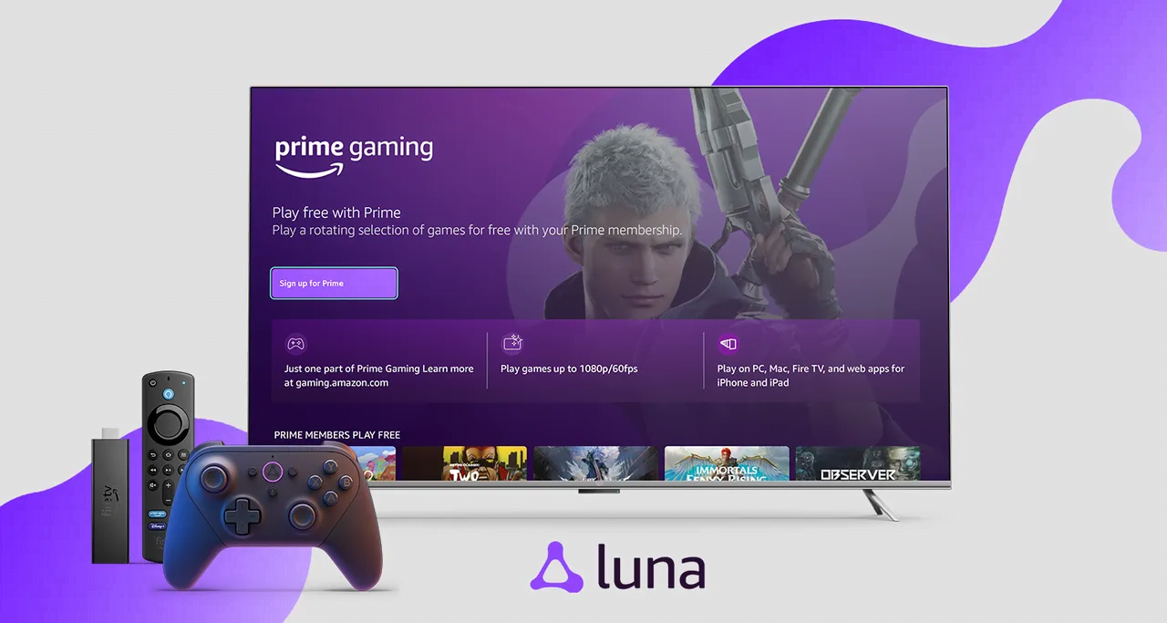 Ekran telewizora z reklamą Prime Gaming, pad do gier i pilot do Fire TV, logo Luna na dole.