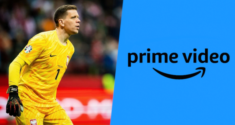 Bramkarz w żółtym stroju z numerem 1 i godłem Polski, obok niebieskie tło z logo Prime Video.