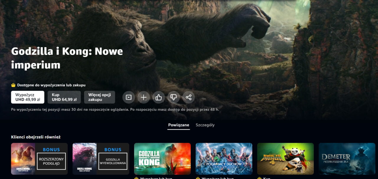 "Godzilla i Kong: Nowe imperium" - opcje wypożyczenia i zakupu, rekomendacje obejmujące podobne filmy.