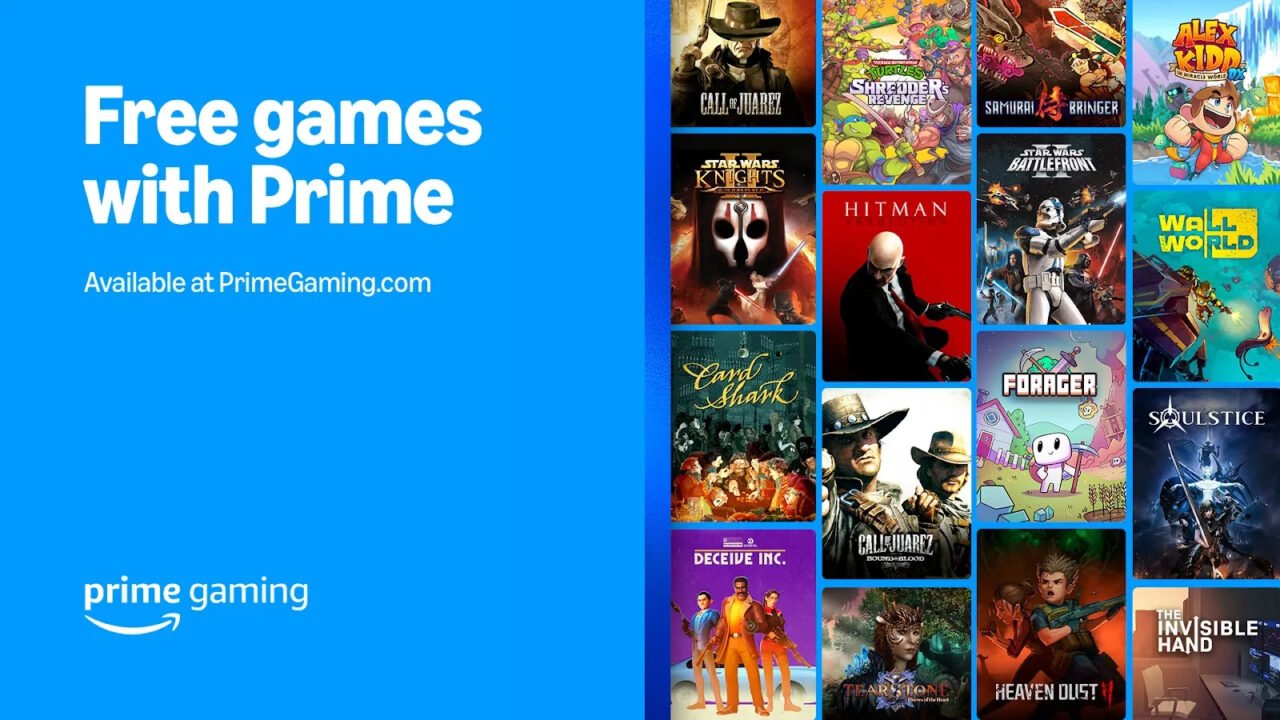 Gry za darmo od Amazon. Darmowe gry z Prime, dostępne na PrimeGaming.com. Okładki gier w tle, m.in. Call of Juarez, Hitman, Forager, Wall World, Soulstice, The Invisible Hand.