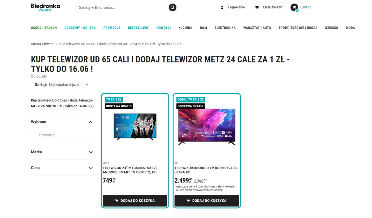 Strona internetowa Biedronka Home z promocją na telewizory. Telewizor UD 65 cali i telewizor METZ 24 cale za 1 zł.