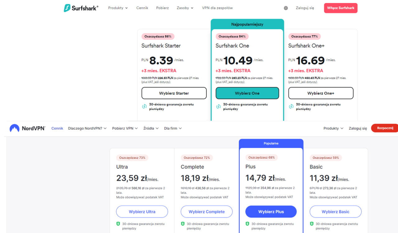 Surfshark czy NordVPN - Porównanie planów cenowych Surfshark i NordVPN.