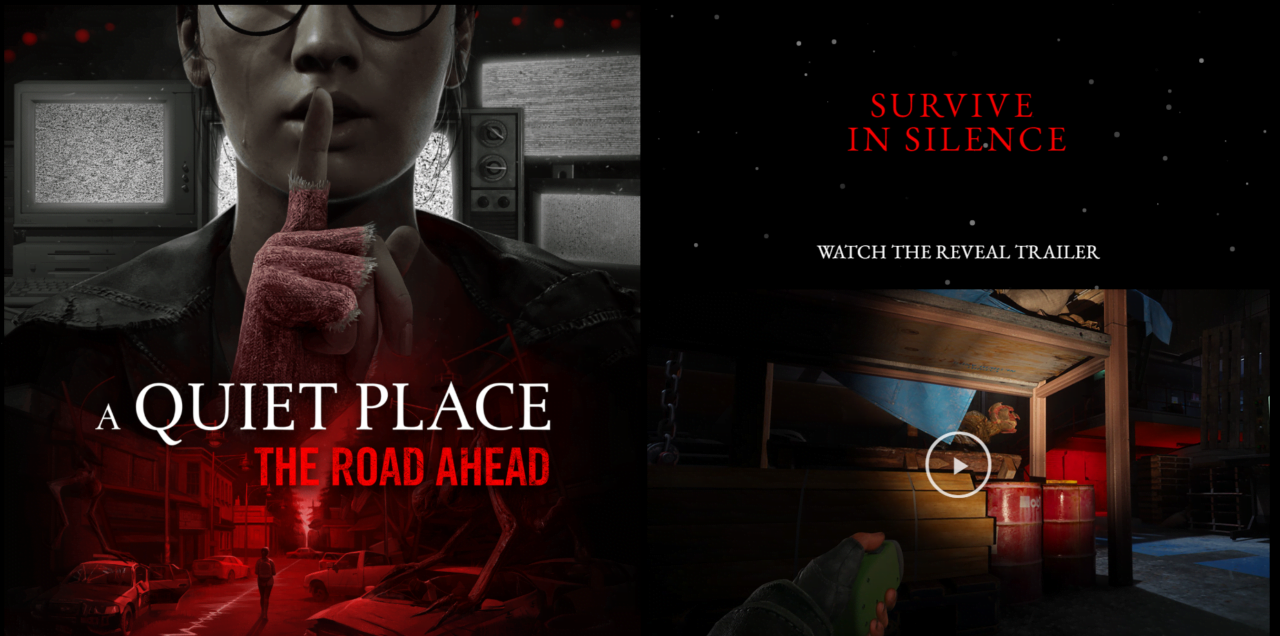 Zapowiedź gry "A Quiet Place: The Road Ahead", pokazująca osobę z palcem na ustach, w tle telewizory z białym szumem. Tekst: "Survive in silence. Watch the reveal trailer".