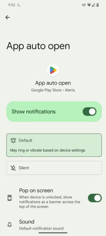 Ustawienia powiadomień aplikacji Android "App auto open", włączone powiadomienia, opcje powiadomień dźwiękowych oraz baner na ekranie.