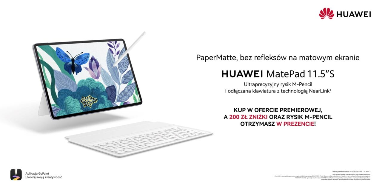 Reklama Huawei MatePad 11.5"S z PaperMatte, ultraczułym rysikiem M-Pencil i odłączaną klawiaturą. Oferta premierowa z rabatem i rysikiem M-Pencil gratis.