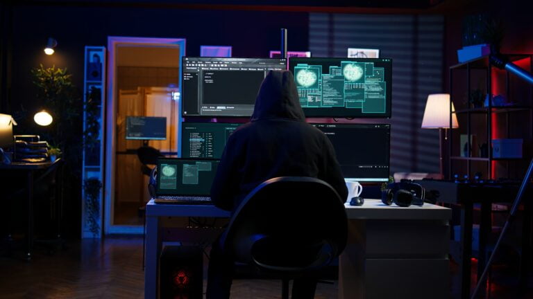 Osoba w kapturze siedzi przy biurku z wieloma monitorami, prowadząca działalność związaną z komputerami w zaciemnionym pokoju.