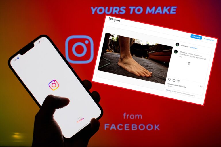 Osoba trzymająca smartfon z włączoną aplikacją Instagram na tle ekranu z logo Instagram i Facebook, obok zrzut ekranu z postem przedstawiającym stopę.
