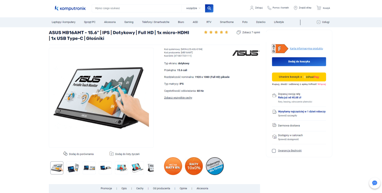 Drugi monitor od marki ASUS. ASUS MB16AMT - 15,6" | IPS | Dotykowy | Full HD | 1x micro-HDMI | 1x USB Type-C | Głośniki na stronie sklepu Komputronik.