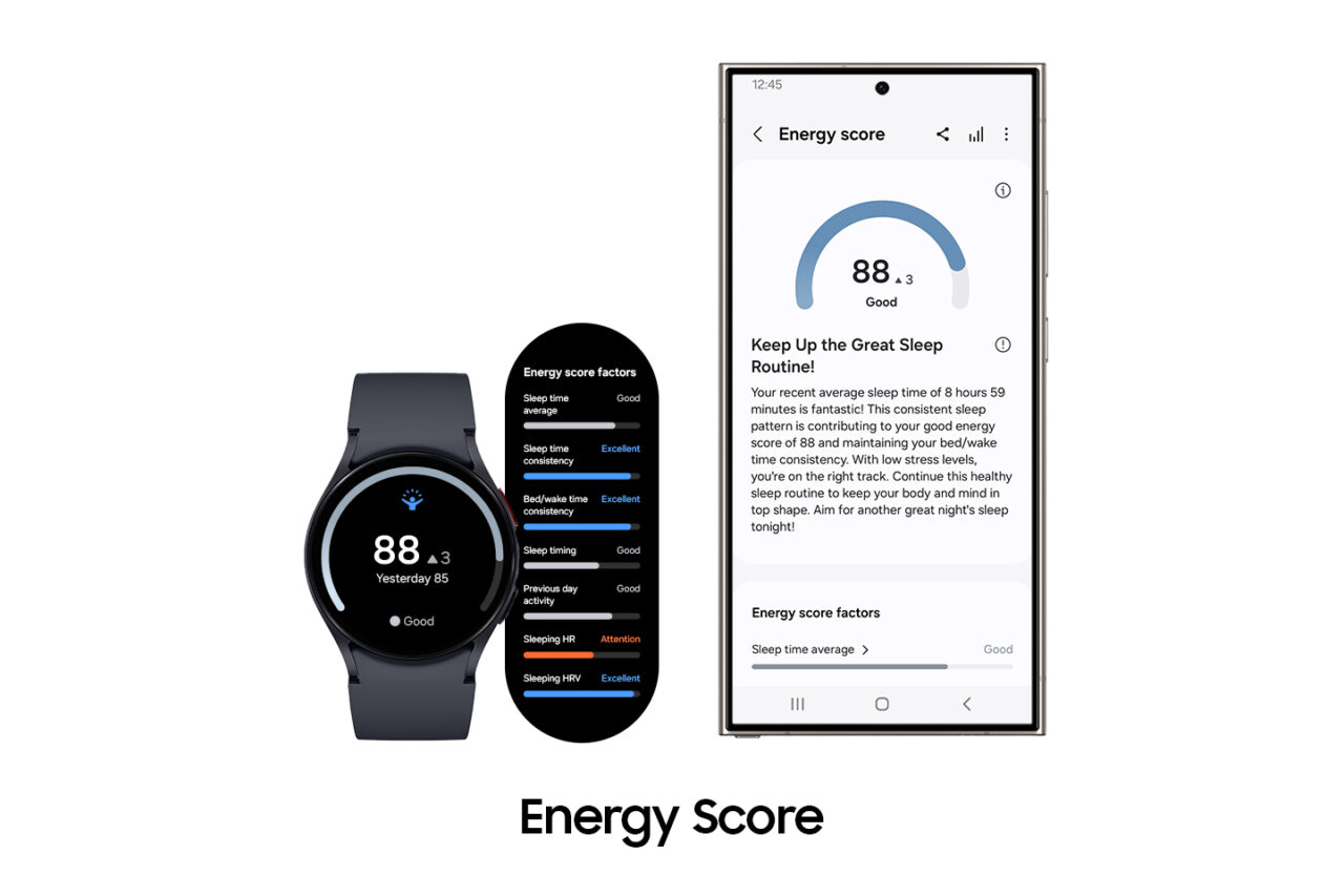 Smartwatch i telefon z wyświetlonymi wynikami energii o wartości 88 i oceną "Good".