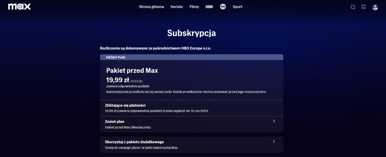 Ekran subskrypcji usługi Max pokazujący plan Pakiet przed Max za 19,99 zł/miesiąc oraz opcje zmiany planu i dodania pakietu dodatkowego.