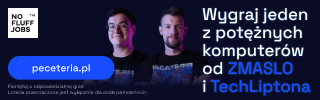 Baner reklamowy z napisem "Wygraj jeden z potężnych komputerów od ZMASLO i TechLiptona", logo No Fluff Jobs, przycisk z napisem "peceteria.pl" oraz zdjęcia dwóch mężczyzn.