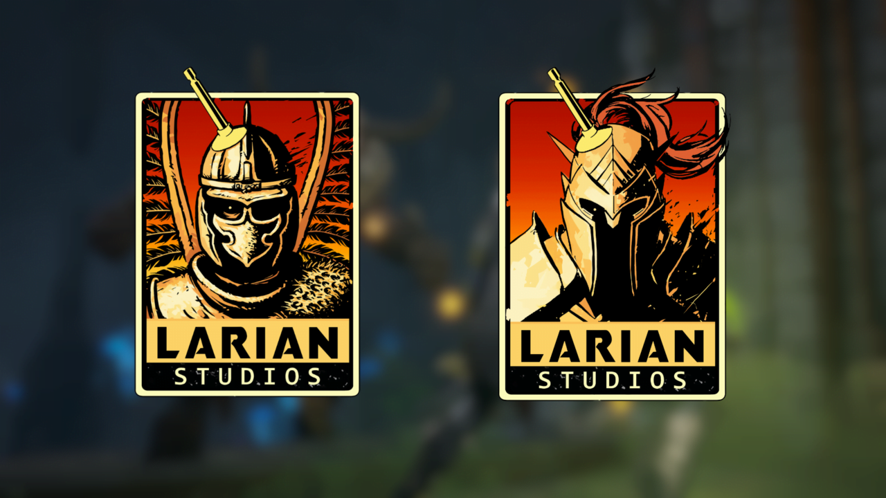 Dwa logo Larian Studios z wizerunkiem rycerzy w hełmach na czerwonym tle.