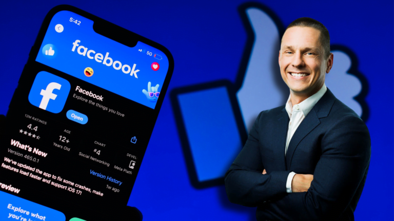 Aplikacja Facebook na ekranie smartfona na pierwszym planie. Uśmiechnięty Tom Allison, szef Facebooka, na tle loga "Like" Facebooka.