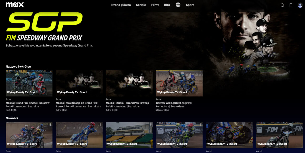 Sport na żywo w Max za darmo. Strona główna serwisu streamingowego promująca wydarzenia FIM Speedway Grand Prix (SGP) oraz inne wydarzenia sportowe.