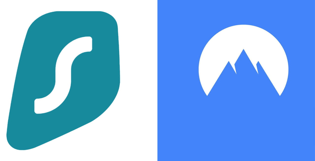 Surfshark vs. NordVPN. Dwa różne logotypy, po lewej zielone logo z literą "S" na białym tle, po prawej białe góry w kole na niebieskim tle.