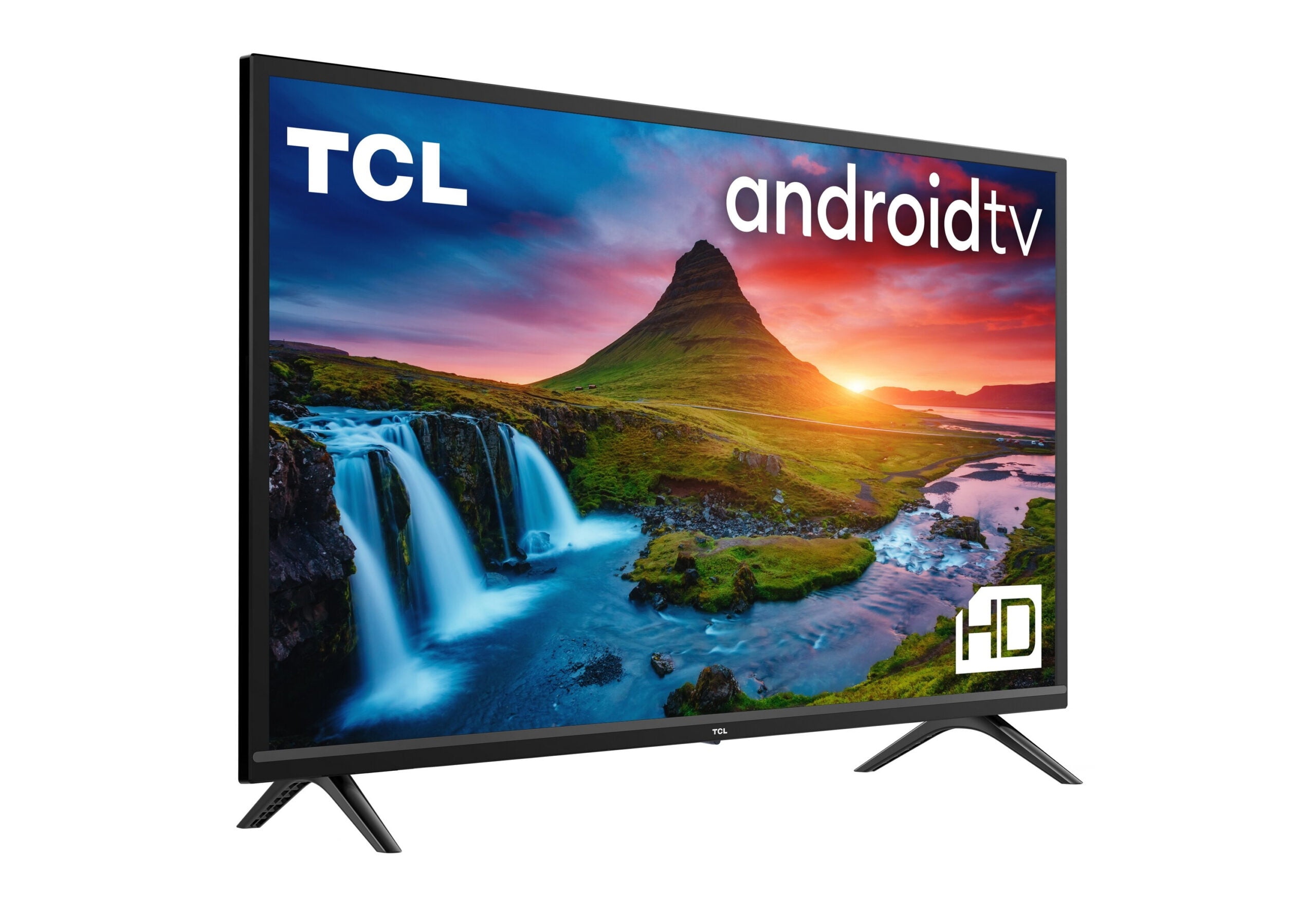 Telewizor TCL Android TV HD z krajobrazem przedstawiającym górę i wodospad.
