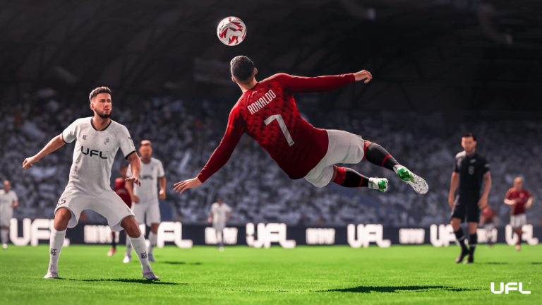 Animacja przedstawiająca piłkarza w czerwonej koszulce z numerem 7, wykonującego strzał nożycowy podczas meczu piłki nożnej. W tle widać innych piłkarzy, z których jeden ubrany jest na biało.