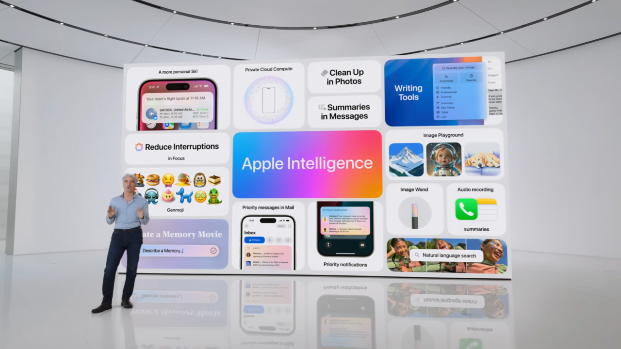 Prezentacja funkcji „Apple Intelligence” na dużym ekranie, mężczyzna w niebieskiej koszuli i ciemnych spodniach objaśnia na scenie. W tle różne sekcje funkcji, takie jak „Private Cloud Compute”, „Summaries in Messages”, „Writing Tools” oraz „Reduce Interruptions”.