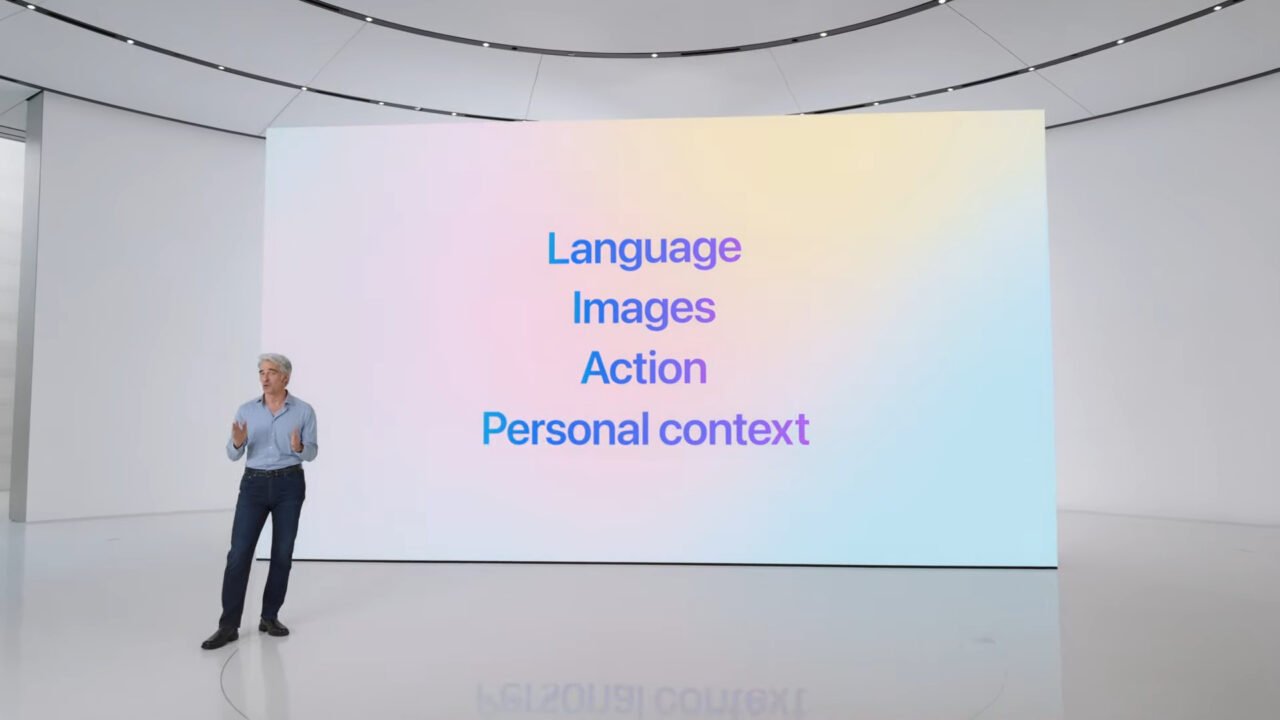 Mężczyzna w koszuli prezentuje na scenie, na dużym ekranie tekst: "Language, Images, Action, Personal context".