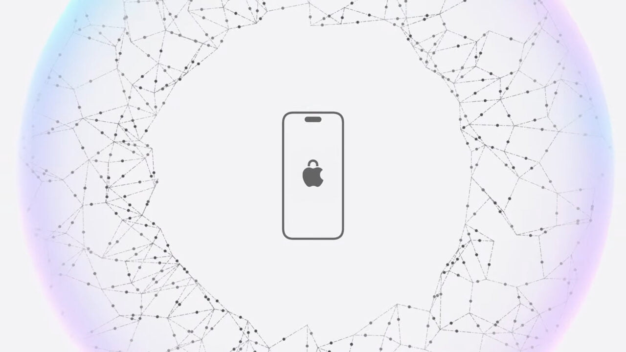 Grafika przedstawiająca kontur telefonu z logo Apple i ikoną kłódki na ekranie, otoczona wzorem z połączonych punktów.
