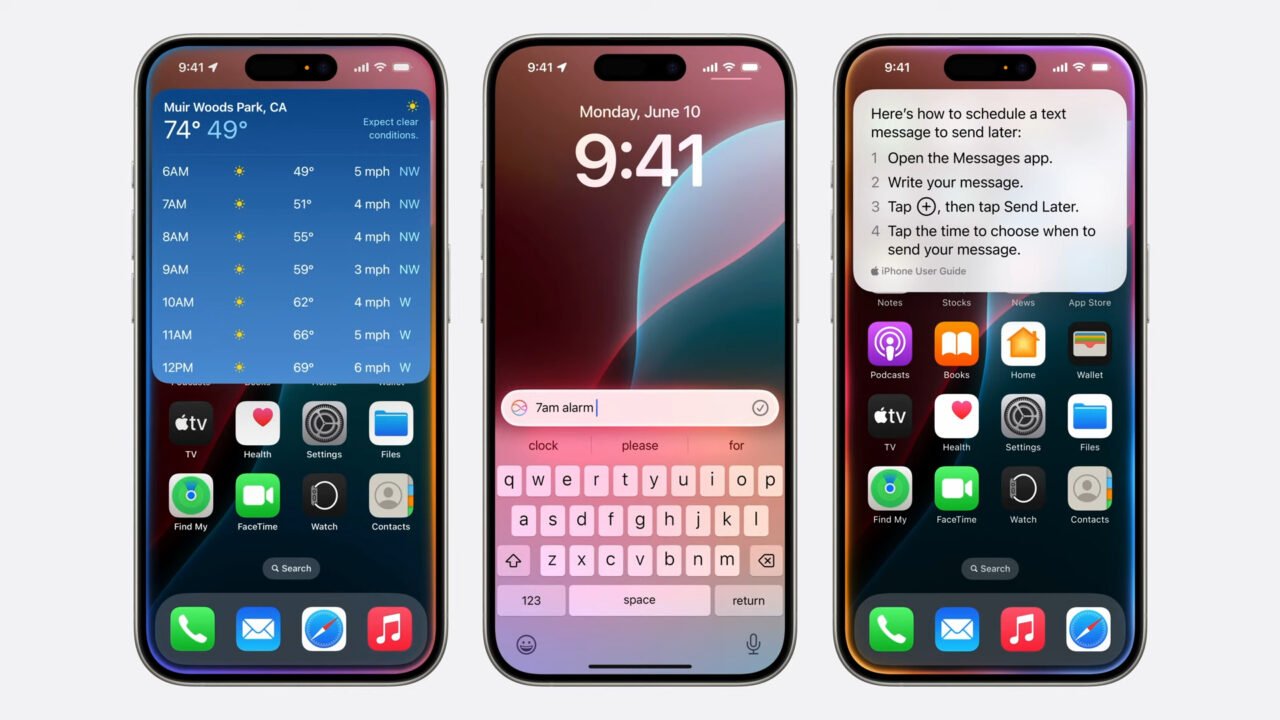 Trzy iPhone'y wyświetlające aplikacje pogodowe, zegarowe i wiadomości.