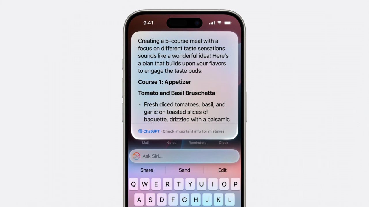 Telefon komórkowy z aplikacją ChatGPT wyświetlającą plan posiłków z przepisem na przekąskę: Bruschetta z pomidorami i bazylią.