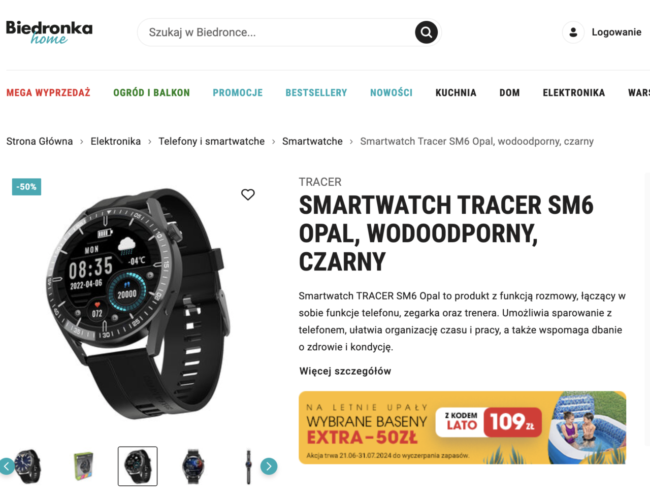 Czarny smartwatch TRACER SM6 Opal z widocznym interfejsem na ekranie, wodooporny, na stronie sklepu Biedronka Home.