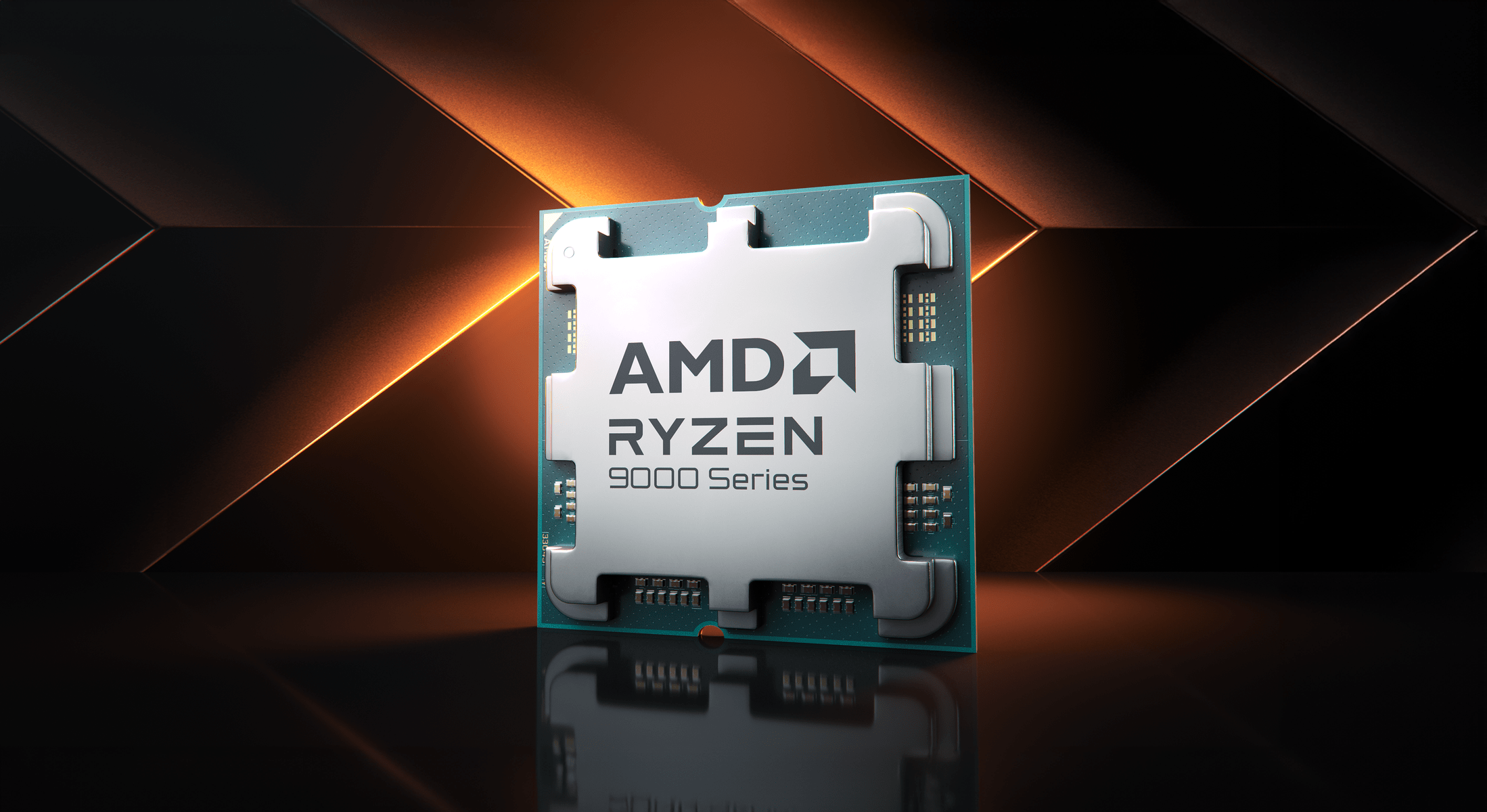 Procesor AMD Ryzen serii 9000 na tle geometrycznych kształtów z oświetleniem.