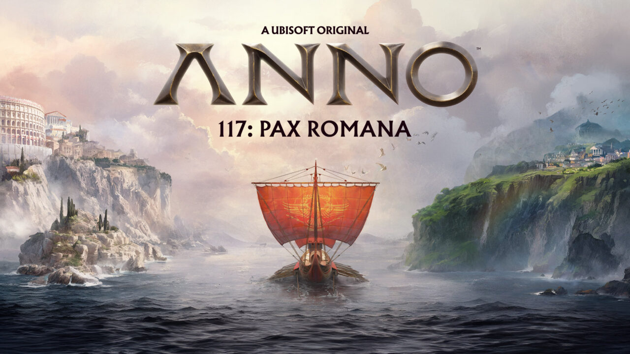Na środku obrazu znajduje się czerwony rzymski statek z rozwiniętym żaglem, płynący na tle skalistego wybrzeża. Po lewej stronie, na klifie, widoczny jest starożytny rzymski amfiteatr i inne budynki. Po prawej stronie widać zielone wzgórza i kolonie budynków. Nad statkiem widnieje tytuł "A Ubisoft Original Anno 117: Pax Romana". Gra zapowiedziana na Ubisoft Forward