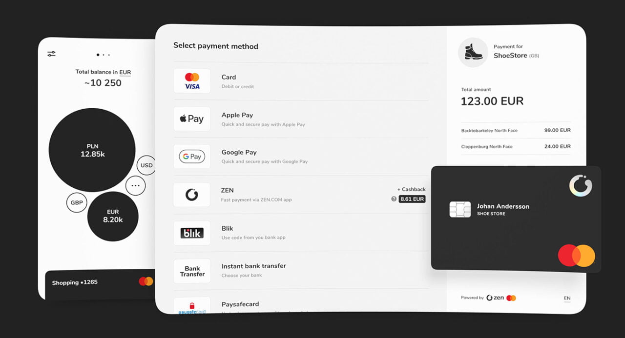 Ekran wyboru metody płatności z opcjami takimi jak karta, Apple Pay, Google Pay i inne; po prawej stronie widoczna karta płatnicza i podsumowanie zamówienia.
